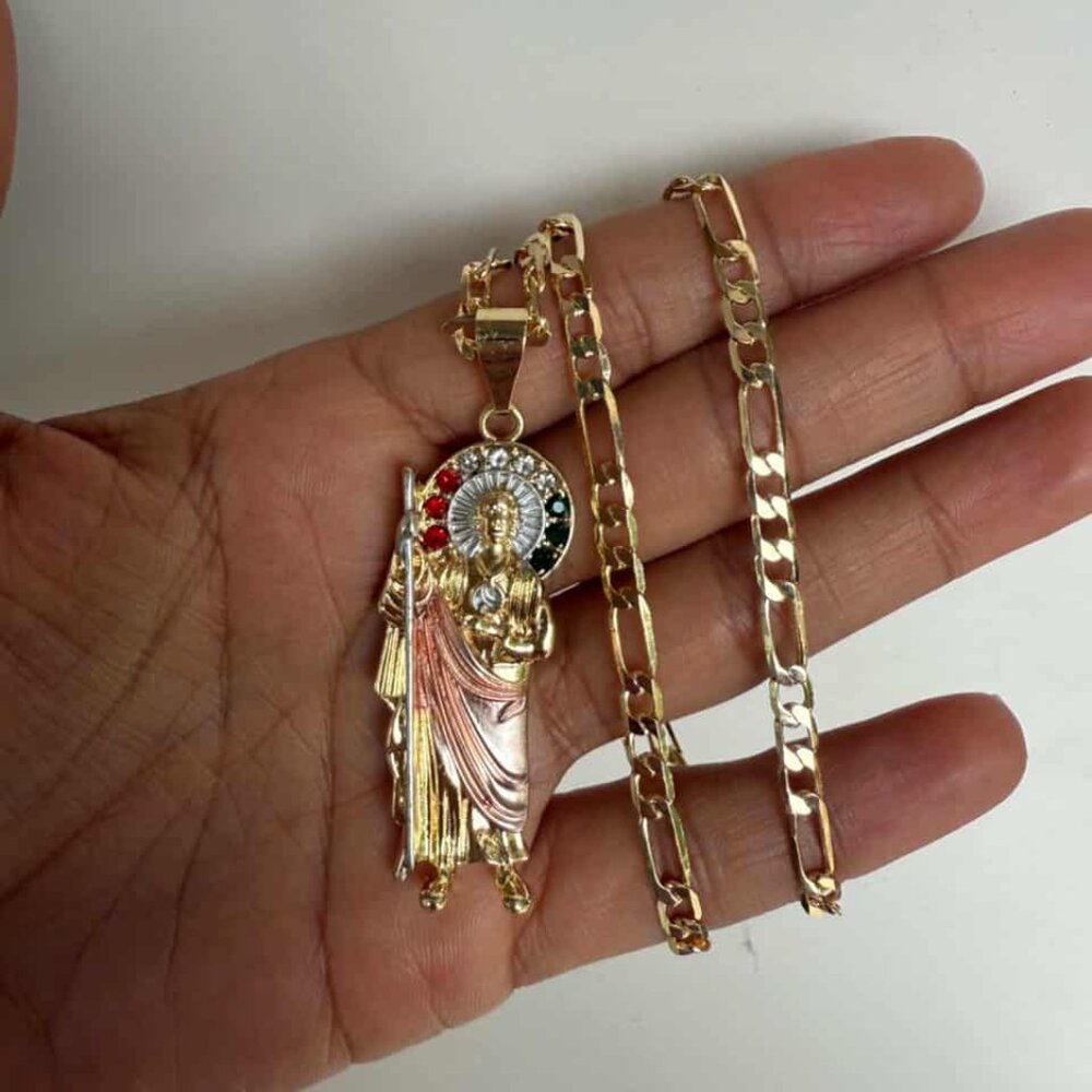 St Judas Tadeo Pendant Necklace 14K Gold Plated Religious Figaro 20-Inch - 4mm